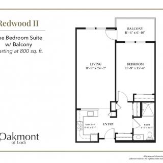 Redwood II one-bedroom suite with balcony, measuring at 800 square feet.