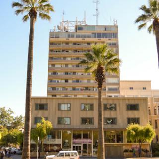 A tall building surrounded by palm trees, showcasing a blend of modern architecture and urban landscape.