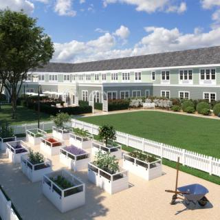 A spacious outdoor area with raised garden beds in front of a large building under a clear blue sky.