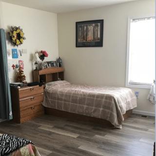 A cozy bedroom with a single bed, decorated with floral and nature-themed elements.