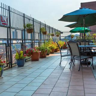 A rooftop terrace with tables, chairs, and colorful plants under large umbrellas.