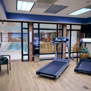 A modern fitness room featuring treadmills and an indoor pool area in the background.
