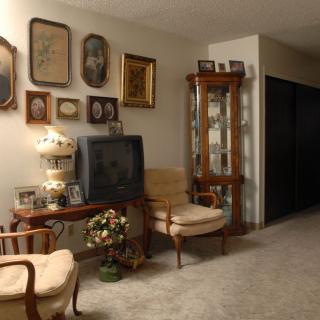 A cozy living room with vintage decor and antique furniture, featuring a classic TV and framed wall art.