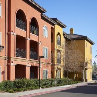 Colorful apartment buildings in an urban residential area.