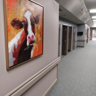 A colorful painting of a cow adorns the wall of a hospital hallway.
