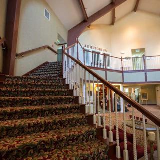 A view of an interior staircase with intricate carpet and railing design.