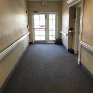 A quiet hallway leading to an exit door, featuring soft carpeting and a small plant.