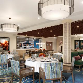 A modern restaurant interior with elegant lighting and stylish decor.