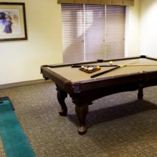 A recreation room with a pool table and cue sticks on a carpeted floor.