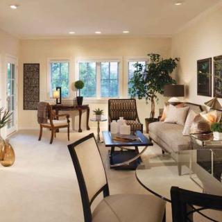 A stylish, well-lit living room with comfortable furniture and decorative plants.