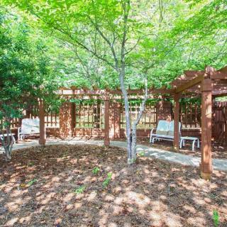 A tranquil garden area with a wooden pergola and comfortable seating surrounded by lush foliage.
