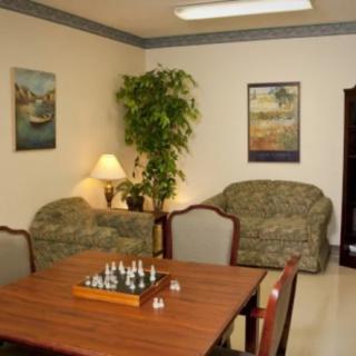 A cozy living room with a chess board on the table, surrounded by sofas and decorated with lamps, an indoor plant, and wall art.