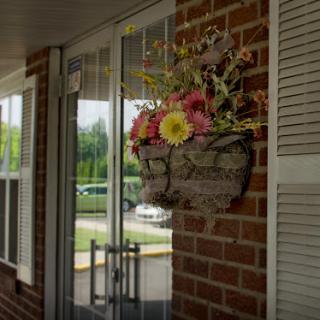 A vibrant flower arrangement adds a cheerful touch to the entrance of this building.
