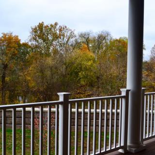 A scenic view from a balcony overlooking autumn trees.