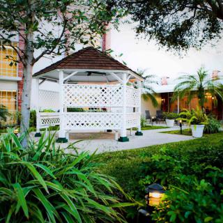A tranquil garden scene featuring a white gazebo surrounded by lush greenery and plants.