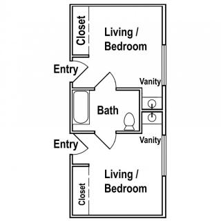 Floor plan of a studio apartment with two living/bedroom areas, a central bathroom, and closets.