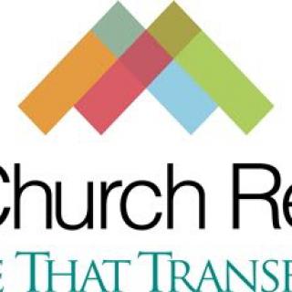 A colorful logo with overlapping geometric shapes and text relating to a church.