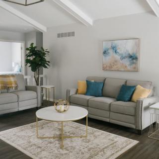A modern and minimalist living room with grey sofas, a round coffee table, and abstract artwork.