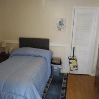 A cozy bedroom featuring a bed with blue bedding, a nightstand, and a closet door.