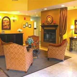 A cozy hotel lobby featuring comfortable seating around a central fireplace with warm color tones.
