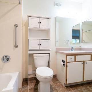 A clean and bright bathroom with a toilet, vanity, mirror, and bathtub.