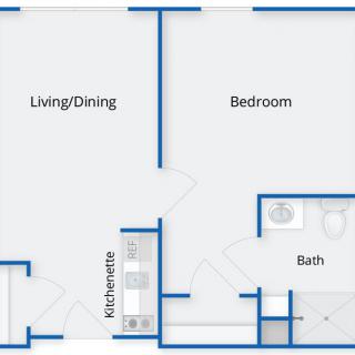 This image shows a simple floor plan of an apartment with designated areas for living/dining, bedroom, kitchenette, and bathroom.