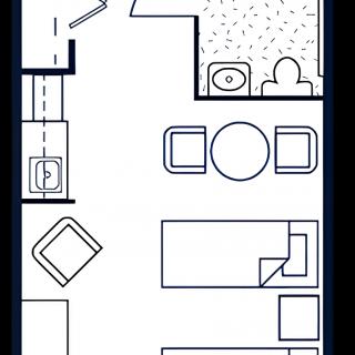 Minimalist floor plan showing a living area with furniture and bathroom layout.