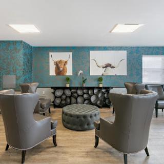 A stylish and modern living room featuring comfortable seating, elegant dcor, and vibrant artwork.