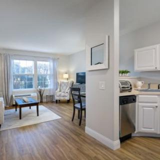 A modern apartment interior featuring a cozy living room with a connected kitchen area, highlighted by wood flooring and white cabinetry.