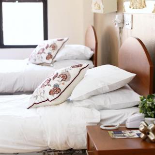 A cozy and well-decorated bedroom featuring two beds with decorative pillows.