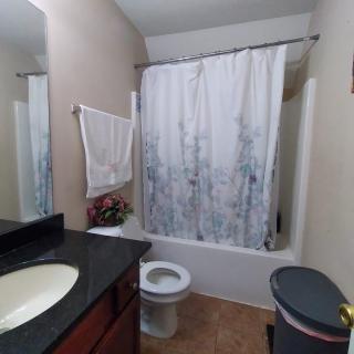 A modern bathroom with a countertop sink, toilet, and a shower/tub combination with a patterned curtain.