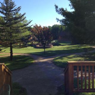 A scenic view of a sunlit pathway surrounded by lush greenery and trees.