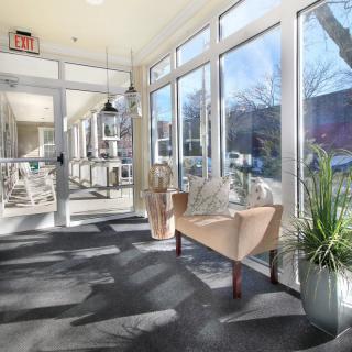A bright and modern sunroom filled with natural light, featuring stylish furniture and lush indoor plants.