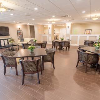 A spacious and well-lit dining area with neatly arranged tables and chairs, adorned with decorative plants.