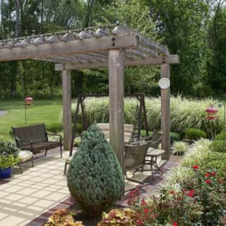 A beautiful garden featuring a wooden pergola with outdoor seating surrounded by lush greenery.