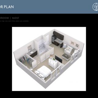 A 3D floor plan of a one-bedroom apartment featuring a living area, kitchen, and bathroom.