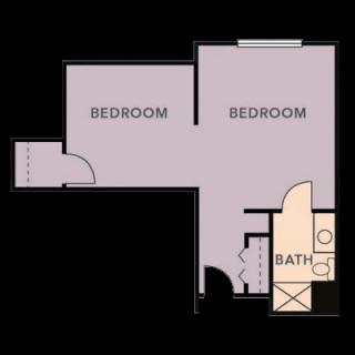 A floor plan of an apartment featuring two bedrooms and a bathroom.