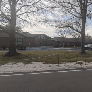 A view of a building framed by trees, with a cloudy sky overhead and patches of snow on the ground.