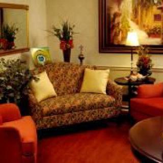 A cozy living room with a patterned sofa, two red chairs, and decorative elements such as a lamp, painting, and plants.