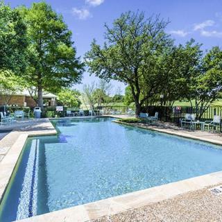 A serene outdoor swimming pool surrounded by lush trees and greenery.