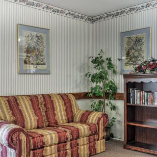 A cozy living room with a striped sofa, decorative wallpaper, and a bookshelf filled with books.