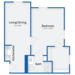 A floor plan of a one-bedroom apartment featuring a living/dining area, kitchenette, and bathroom.