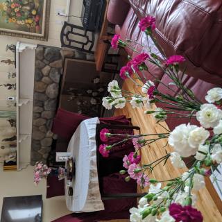 A cozy living room with a sofa, decorative flowers, and a fireplace.