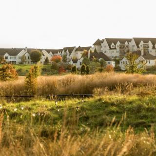 A picturesque suburban neighborhood with houses bordered by a grassy field.