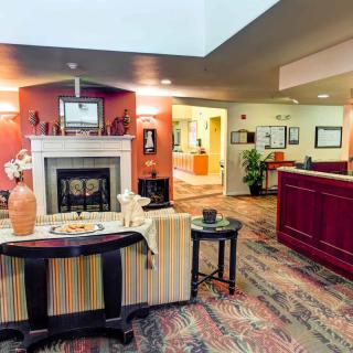 A cozy lobby area featuring a fireplace, decorative elements, and a reception desk.