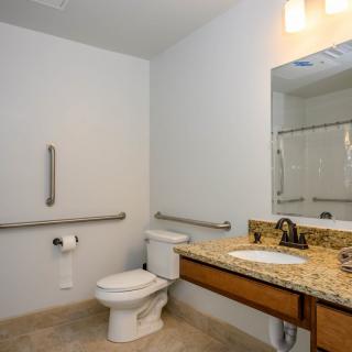 An accessible bathroom with a toilet, granite countertop sink, and grab bars.