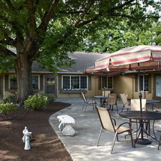 A serene outdoor patio with tables, chairs, and a large umbrella under a tree.