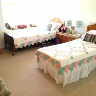 A cozy bedroom with two twin beds adorned with quilts, featuring a carpeted floor and wooden furniture.