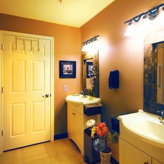 A well-lit bathroom interior featuring two sinks, mirrors, and a cabinet with a decorative plant.