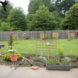 A well-maintained backyard garden with potted plants and bird feeders.